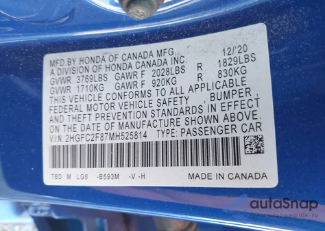 2021 Honda Civic Sport from USA, damaged, VIN 2HGFC2F87MH525814